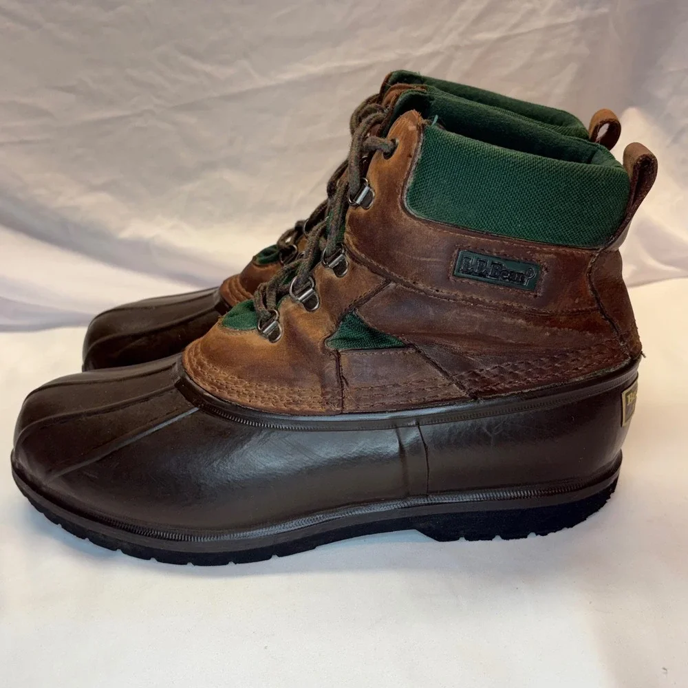 VTG LL Bean Duck Boots Mens 11 Leather‎ Green Canvas Waterproof Rain Snow Boot
